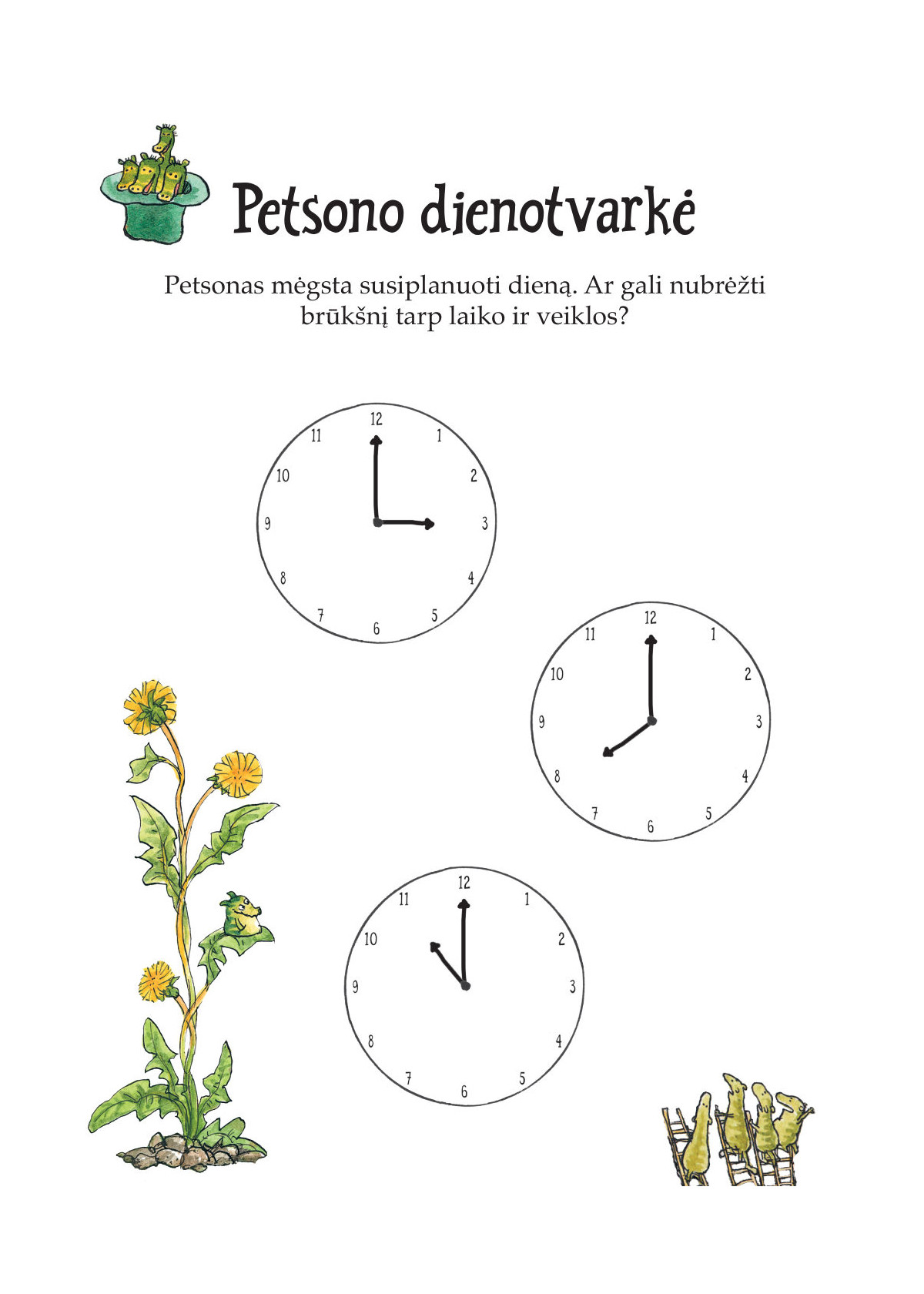 Petsono ir Finduso užduotys. Mokomės pažinti laikrodį